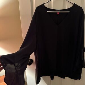 Vince Camuto black blouse with flared sleeves and tulip bottom.